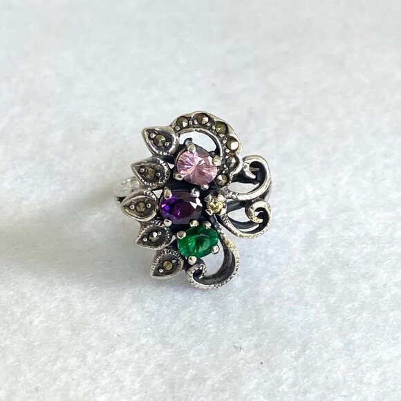 Sterling Silver 925 Multi Colored CZ Marcasite Floral Flower Cluster Ring Sz 8 - Picture 12 of 16